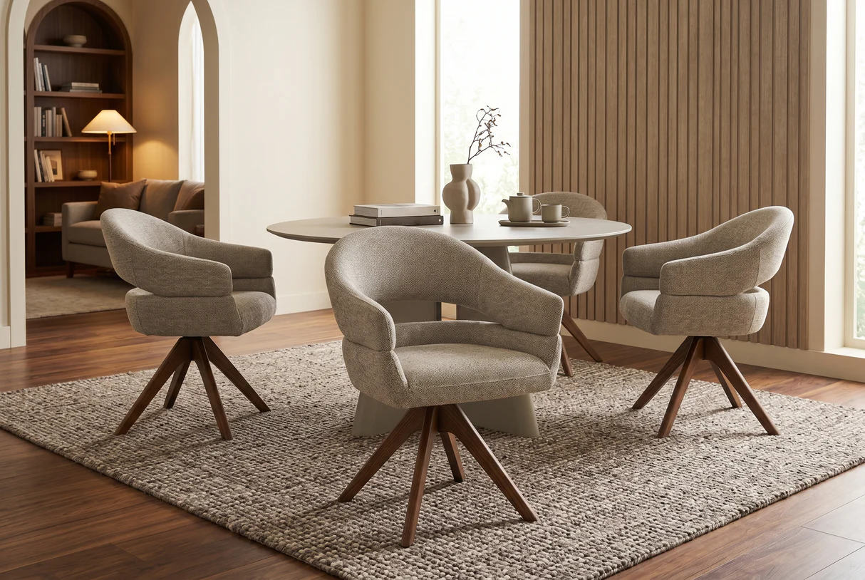 180° besisukanti vokiška valgomojo kėdė organiko – taupe spalvos boucle audinys