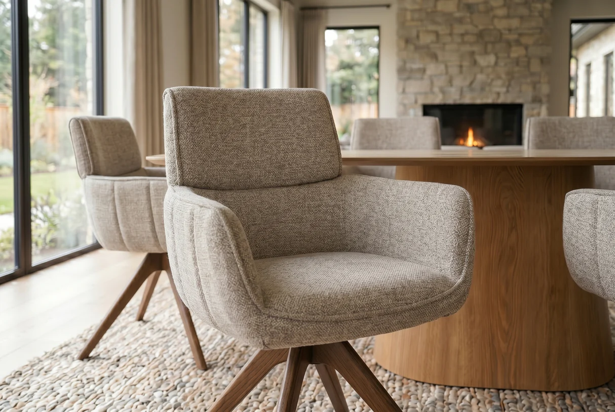 180° besisukanti vokiška valgomojo kėdė unique – taupe spalvos boucle audinys