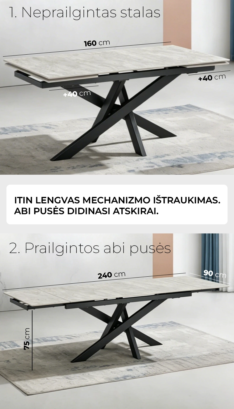ištraukiamas valgomojo stalas artistico light grey 160 (240)x90xh75 cm
