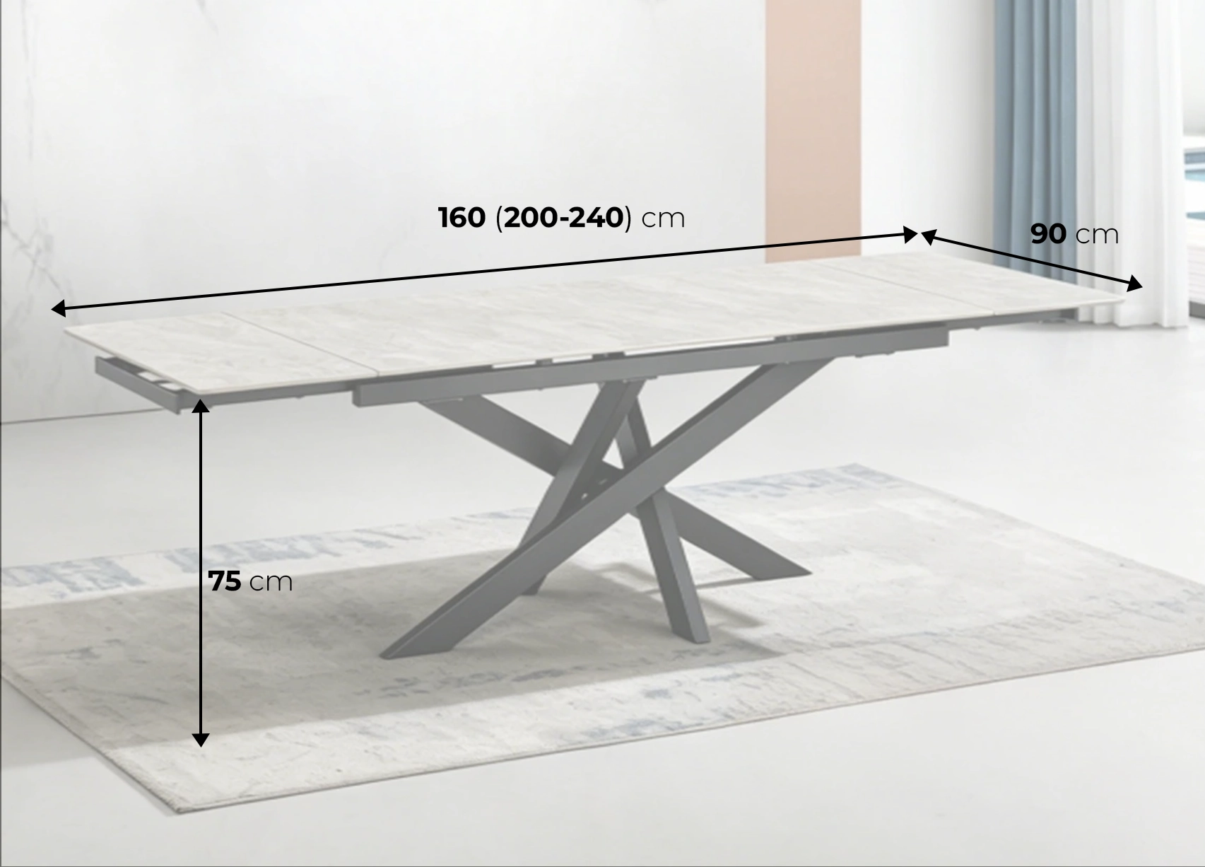ištraukiamas valgomojo stalas artistico light grey 160 (240)x90xh75 cm