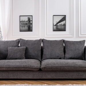 moderni vokiška sofa cica – 225x80xh85 cm – pilkos spalvos teddy gobelenas