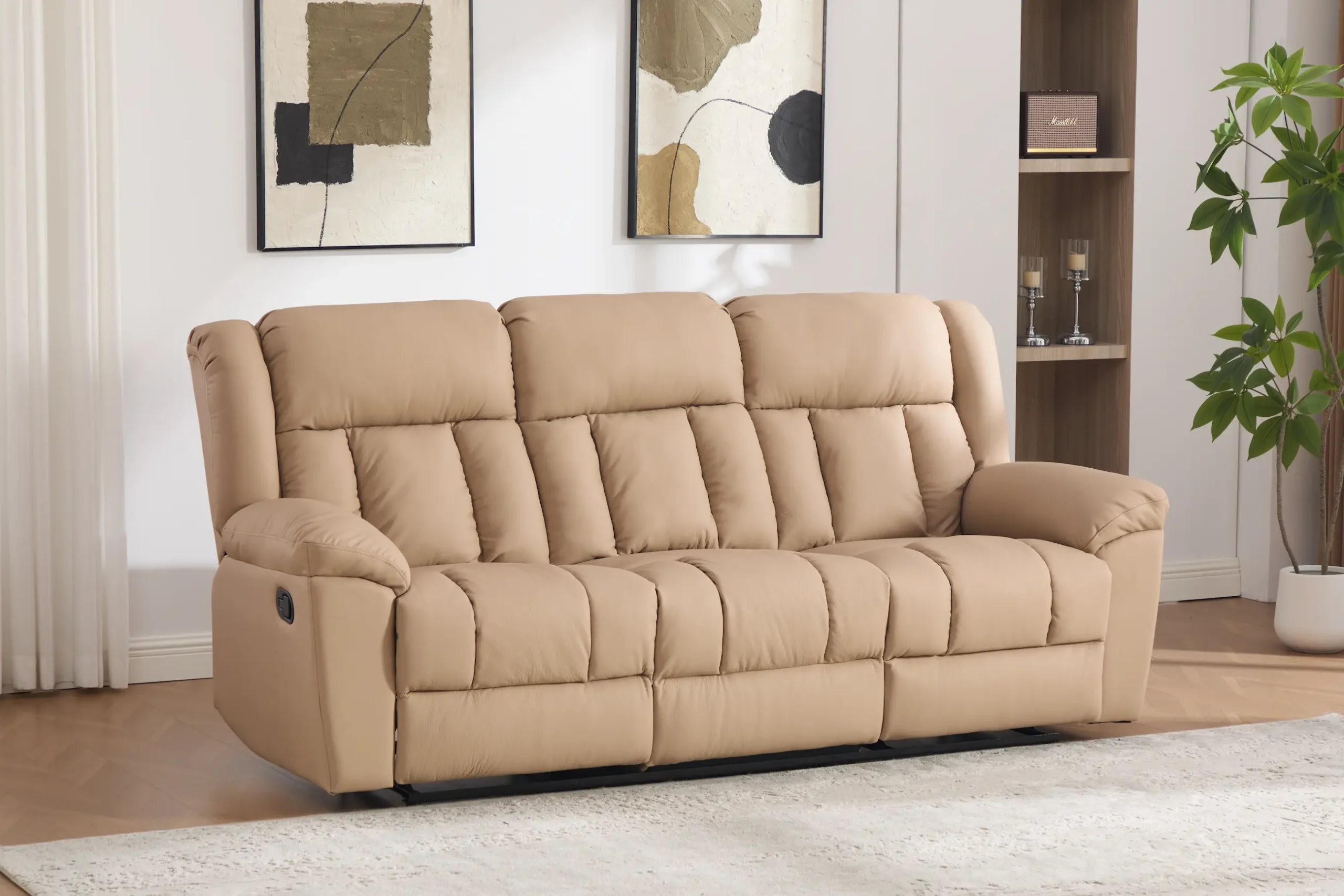 trivietė odinė sofa su reglaineriais boss beige – 217x96xh107 cm