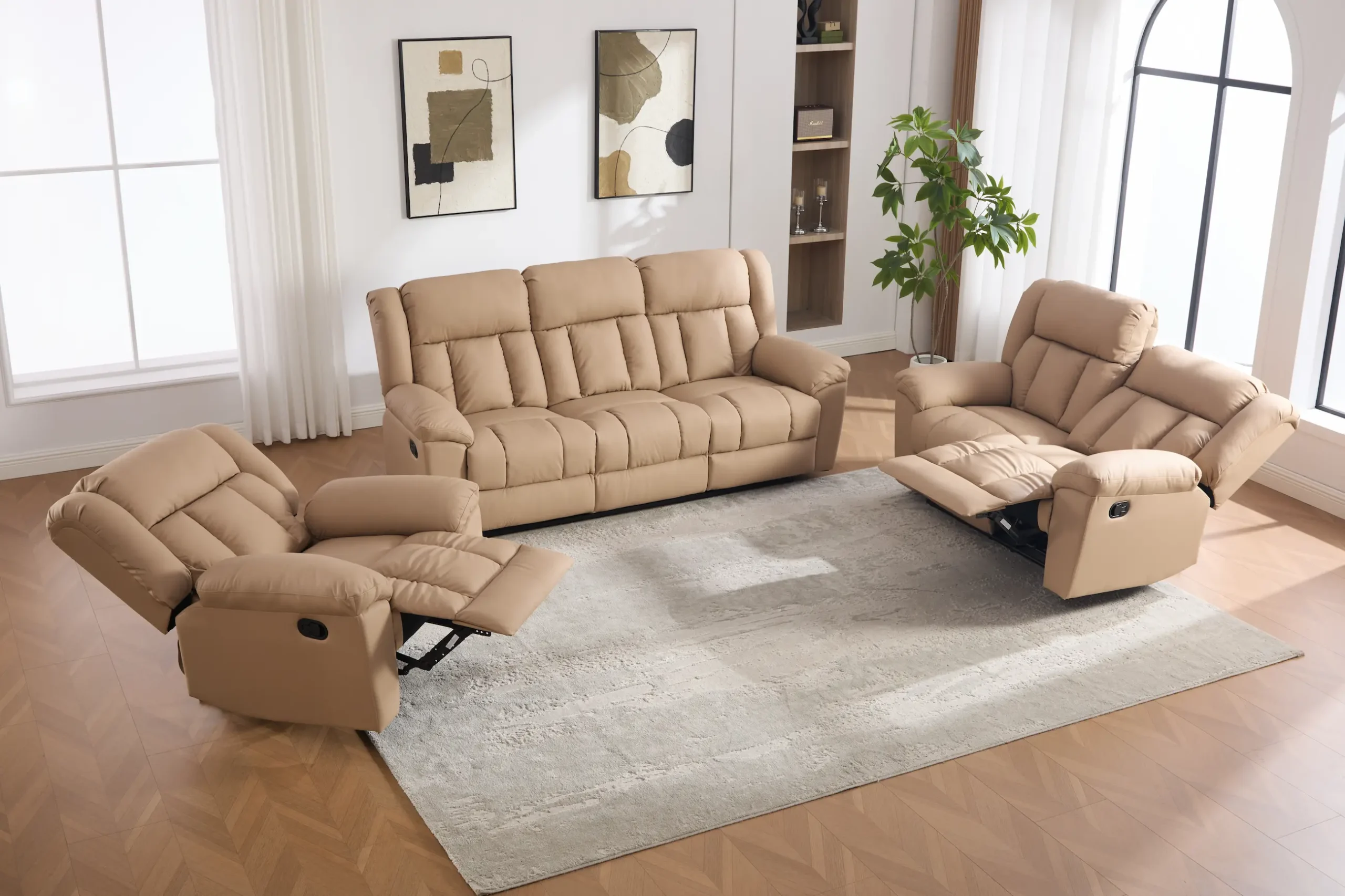 trivietė odinė sofa su reglaineriais boss beige – 217x96xh107 cm