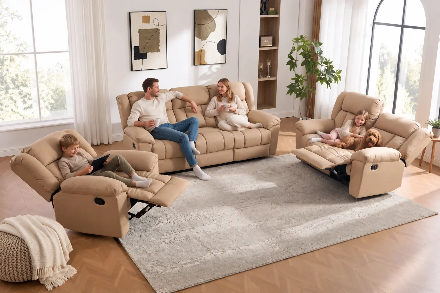 trivietė odinė sofa su reglaineriais boss beige – 217x96xh107 cm