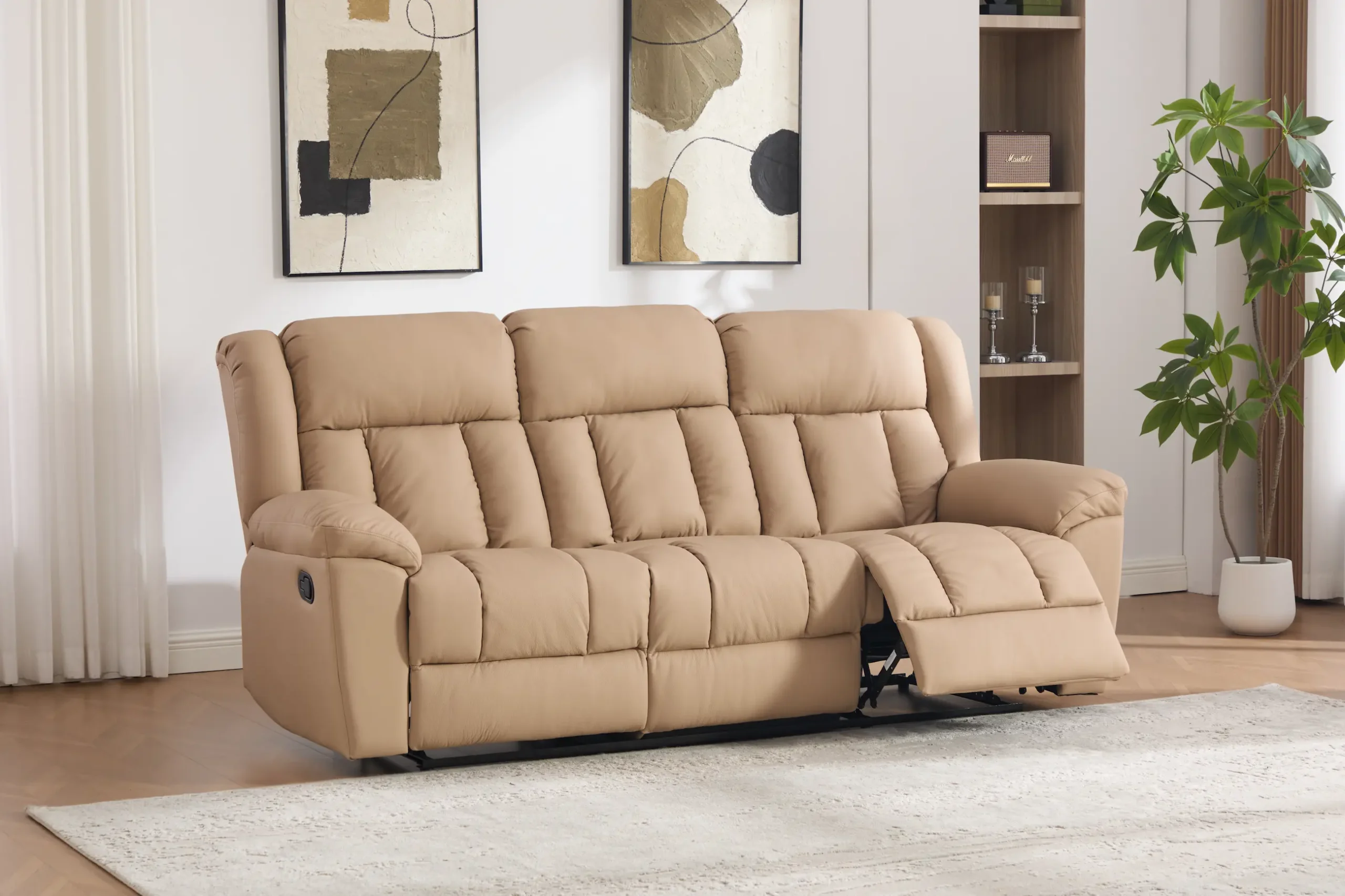 trivietė odinė sofa su reglaineriais boss beige – 217x96xh107 cm