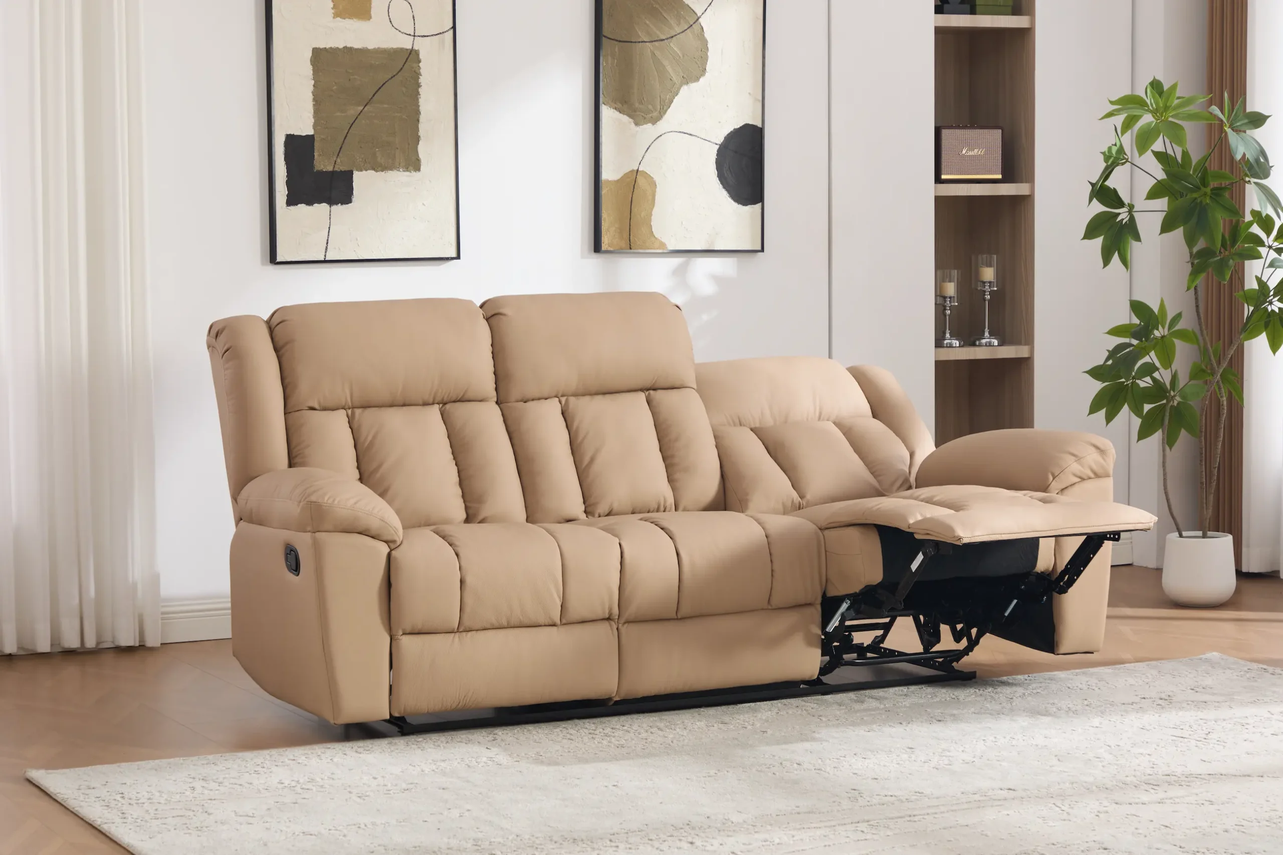 trivietė odinė sofa su reglaineriais boss beige – 217x96xh107 cm