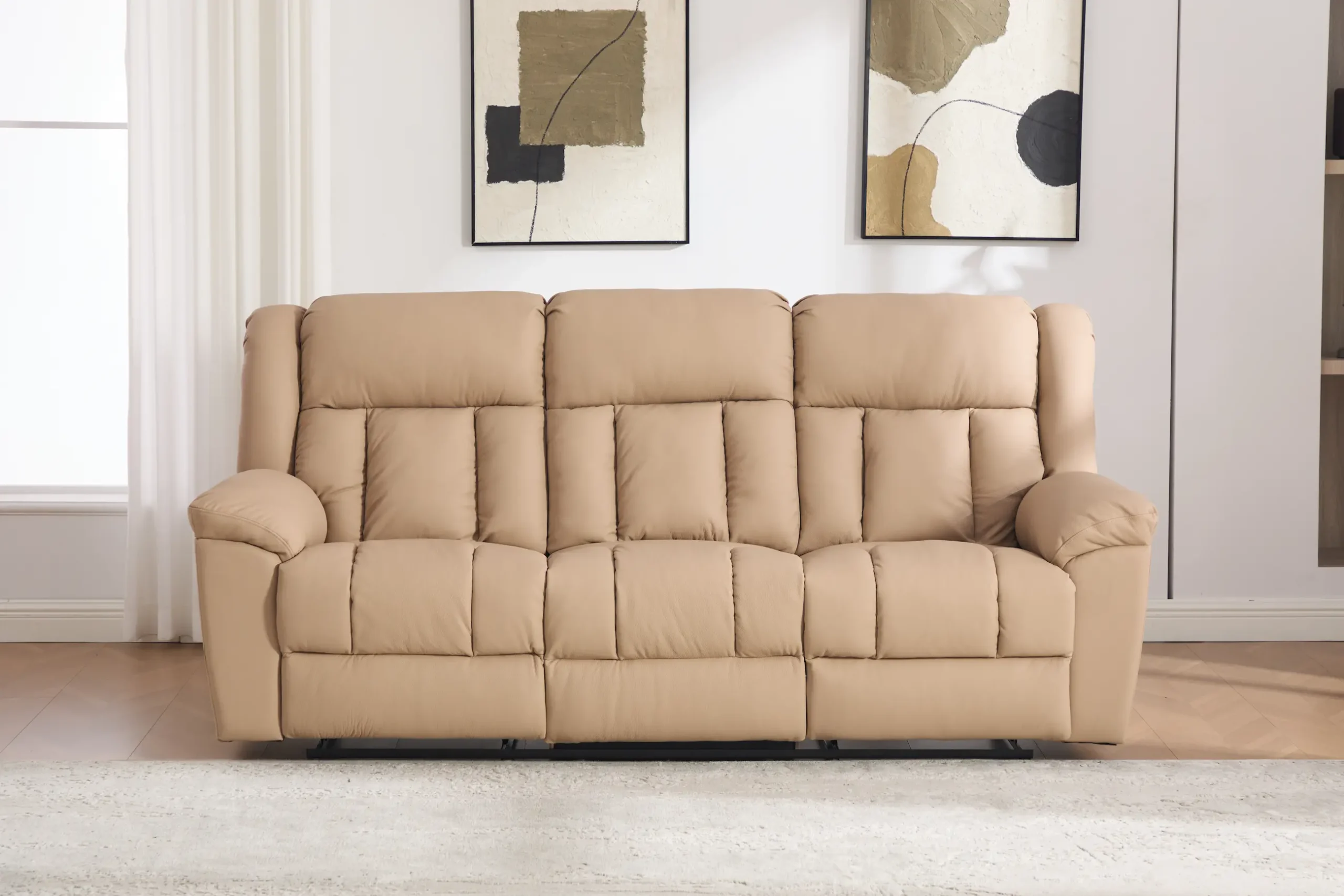 trivietė odinė sofa su reglaineriais boss beige – 217x96xh107 cm