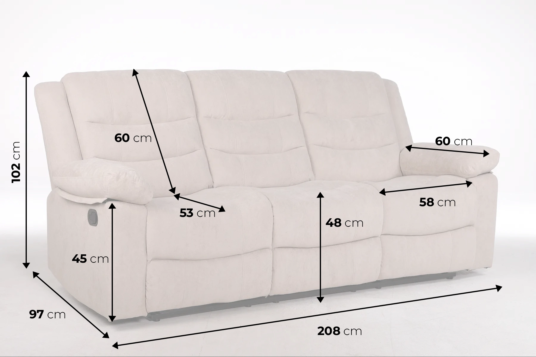 trivietė sofa reglaineris ramzi su relakso funkcija – light grey – 208x97xh102 cm